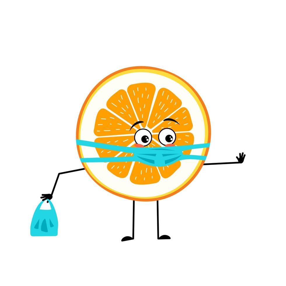 Orange character with sad emotions, face and mask keep distance, hands with shopping bag and stop gesture. Citrus slice person with care expression, fruit emoticon. vector