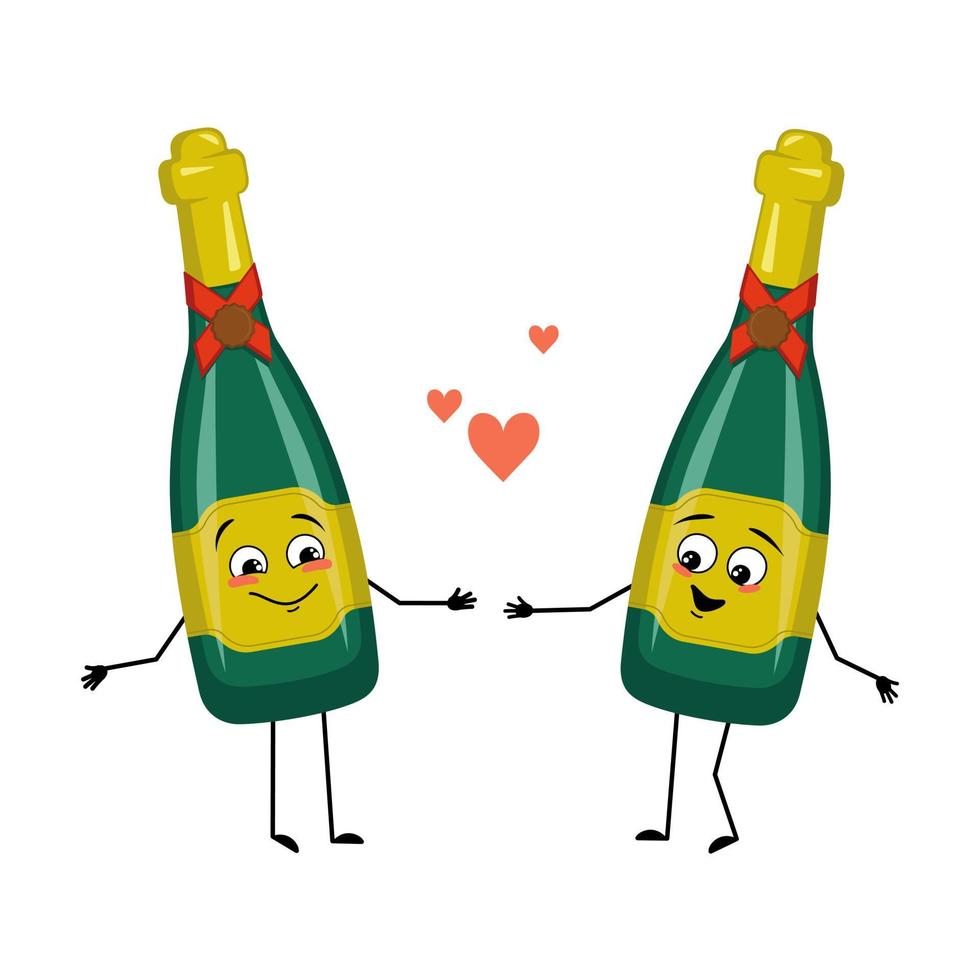 Bottle of sparkling wine character with love emotions, smile face, arms and legs. Alcohol man with joyful facial expression, glass container for holidays and parties. Vector flat illustration
