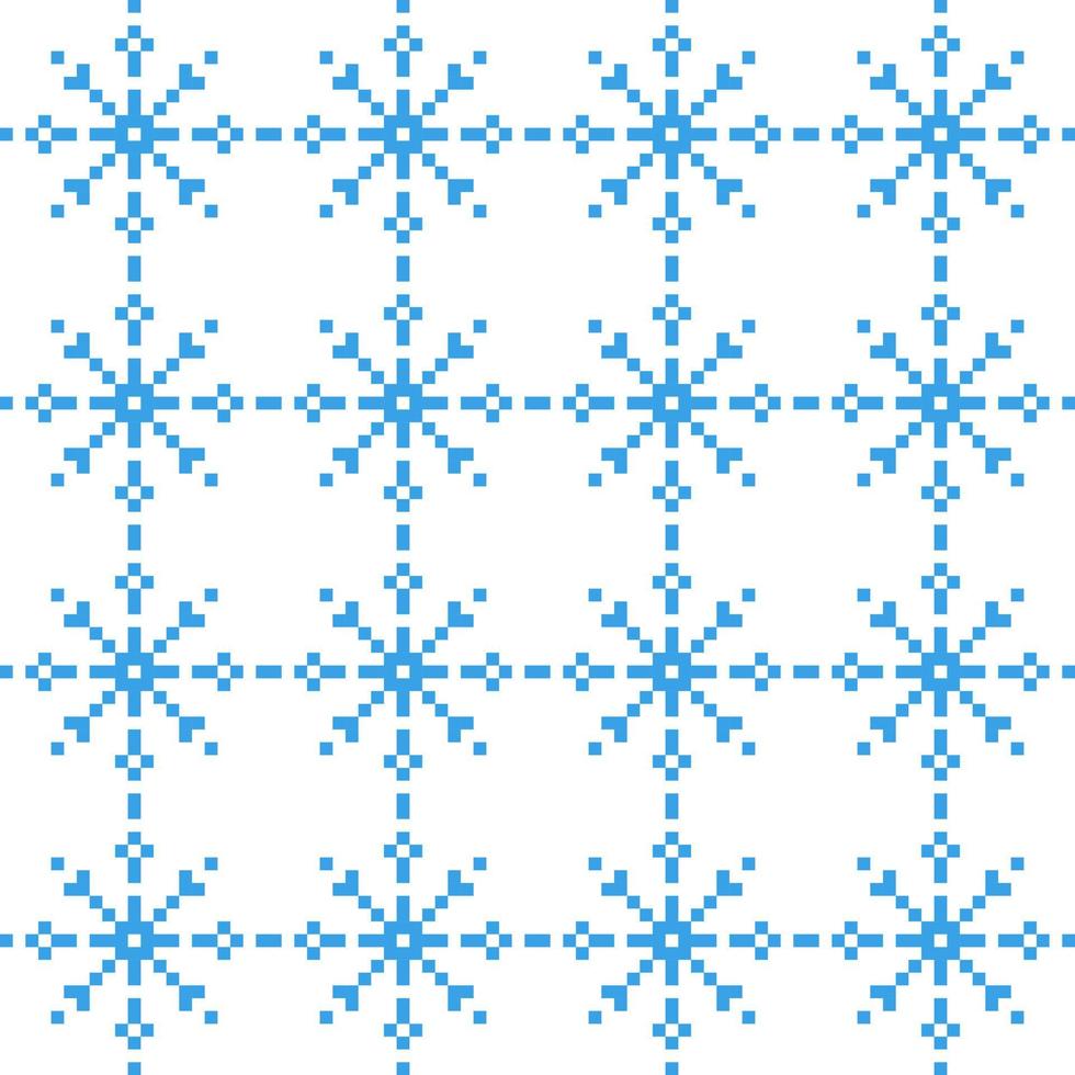 Christmas blue snowflakes pixel seamless pattern. New year ornament in decorative scandinavian embroidery. Vintage holiday art with vector winter fashion.