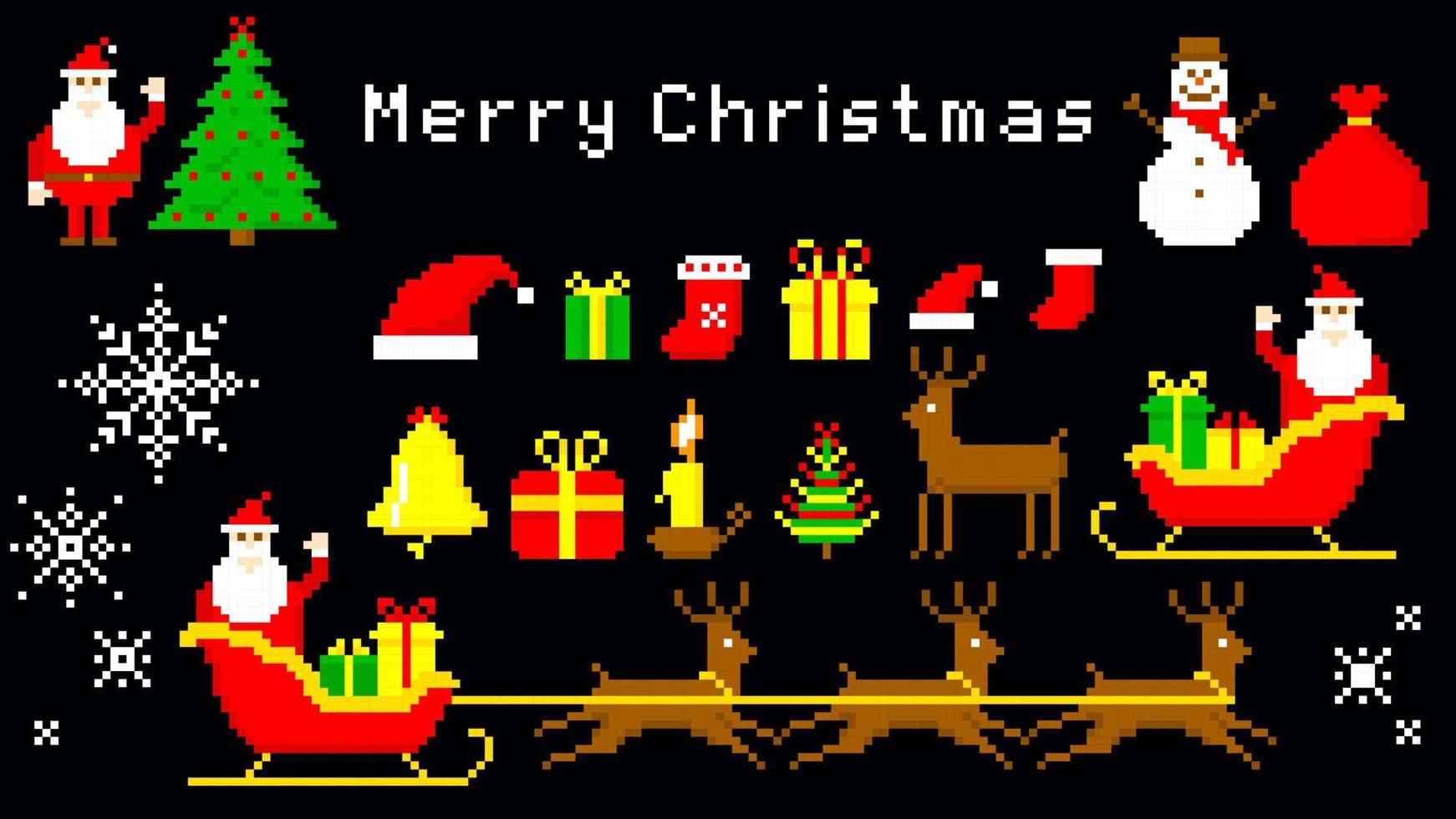 Merry christmas colorful pixel . Cheerful santa claus in sleigh with gifts. Spruce in garlands and vector balls