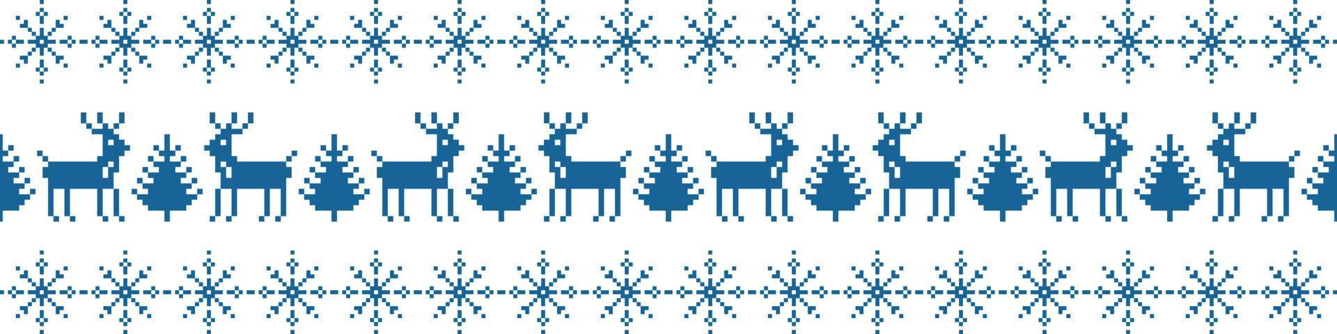 Christmas ornament stripe pixel seamless pattern. Blue deer near new years trees. Festive trendy embroidery with snowflakes in scandinavian vector style.