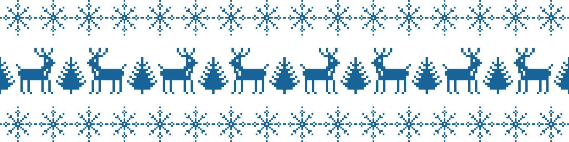 Christmas ornament stripe pixel seamless pattern. Blue deer near new years trees. Festive trendy embroidery with snowflakes in scandinavian vector style.