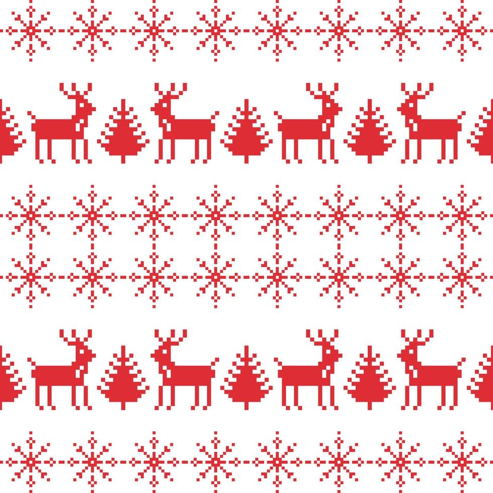 Red christmas ornament pixel seamless pattern. Pixelated deer near new years trees. Celebration trendy embroidery with snowflakes in scandinavian vector style.