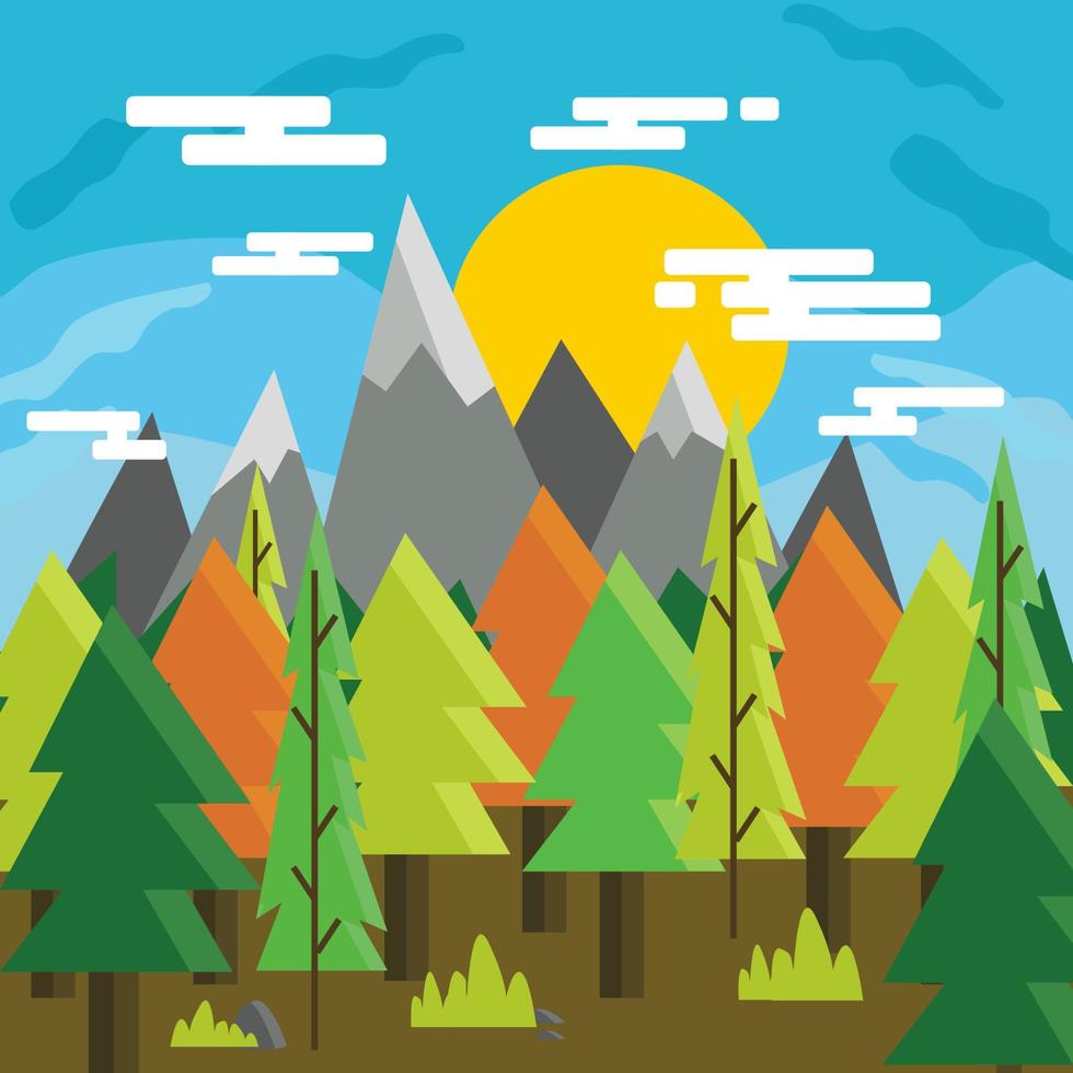 flat mountain and forest wiyh blue sky illustration vector