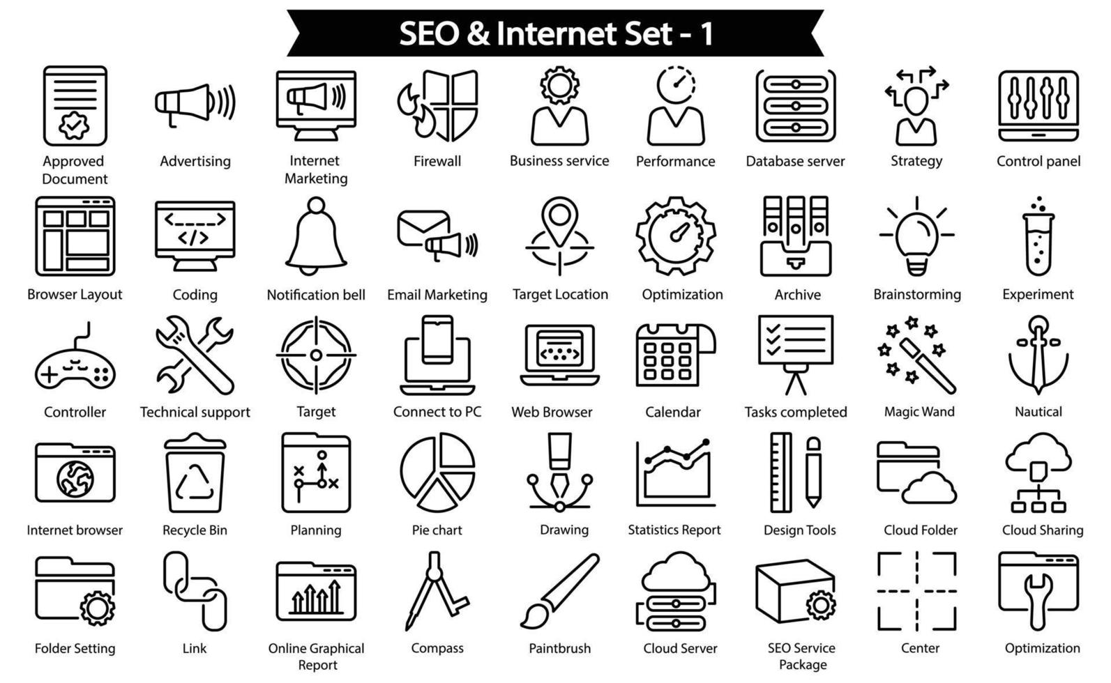 conjunto de iconos de línea de seo e internet vector