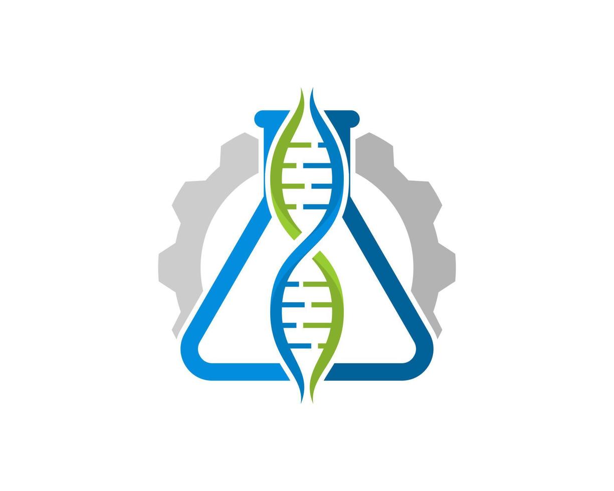 laboratorio de botella triangular con símbolo de adn y engranaje vector