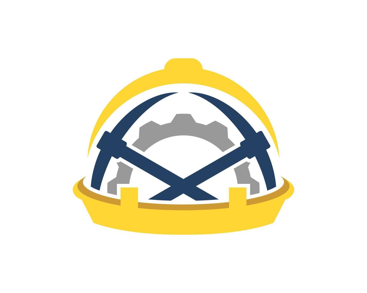 Safety helmet with cross mining axe and gear inside vector