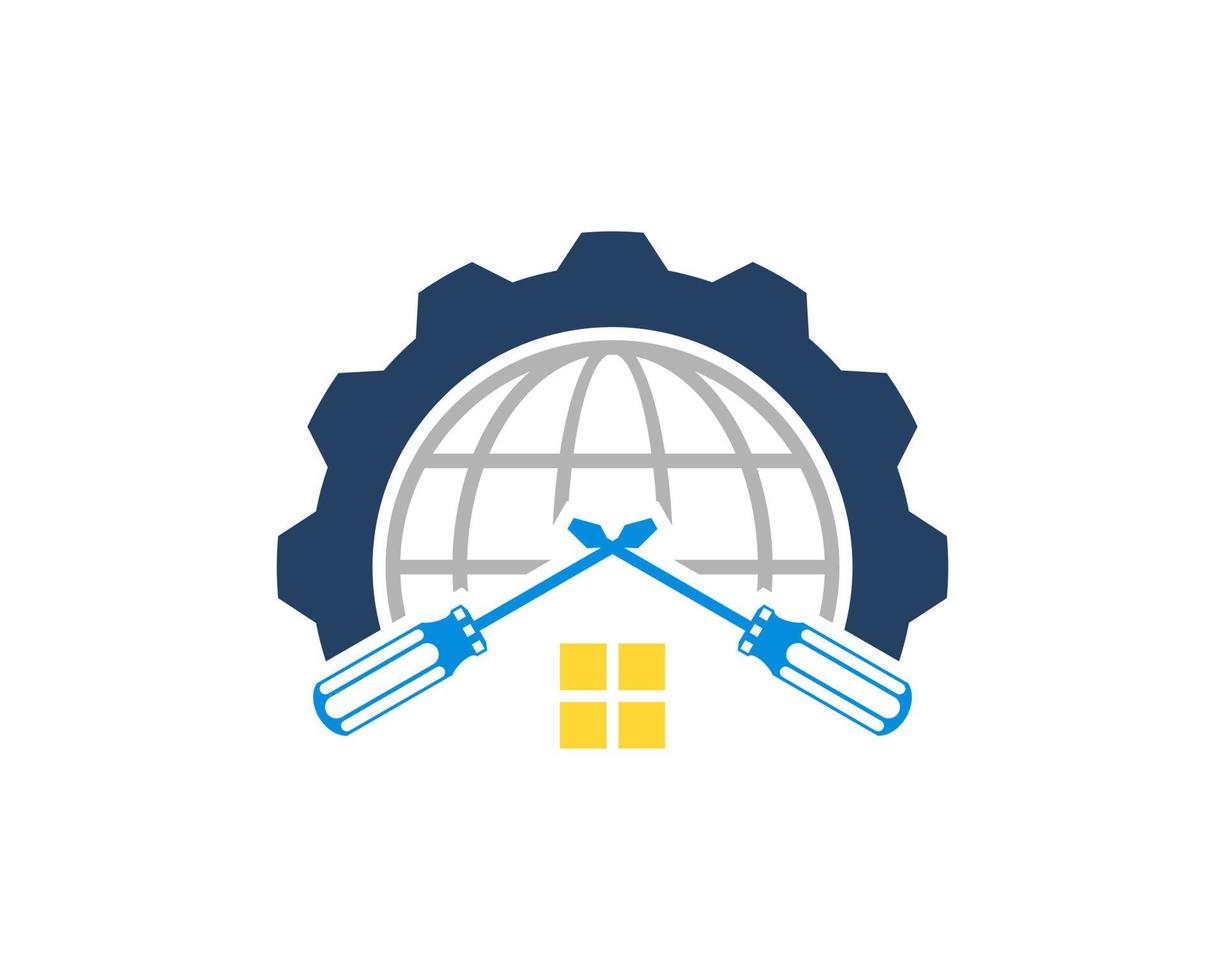 Gear with abstract globe and repair screwdriver vector
