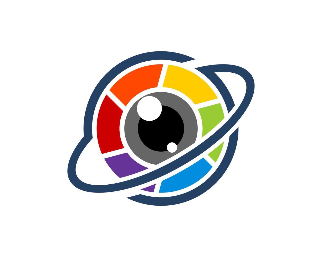 cámara con lente arcoíris con planeta anular vector