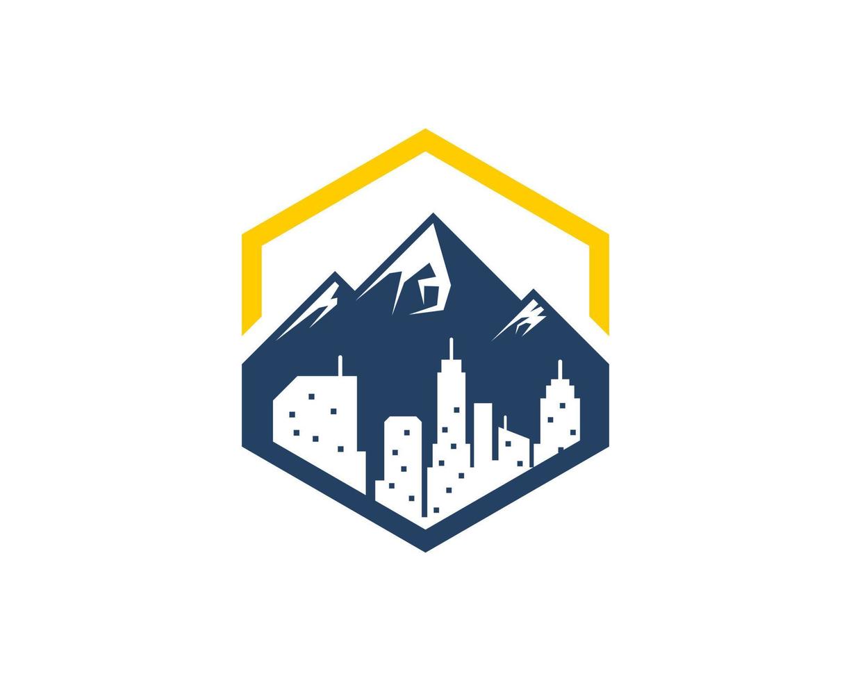 Hexagonal shape with mountain and building vector