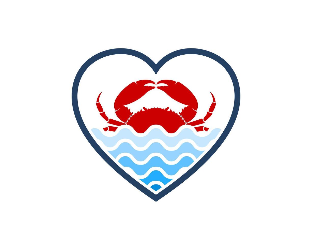 Love shape with abstract beach wave and red crab inside vector