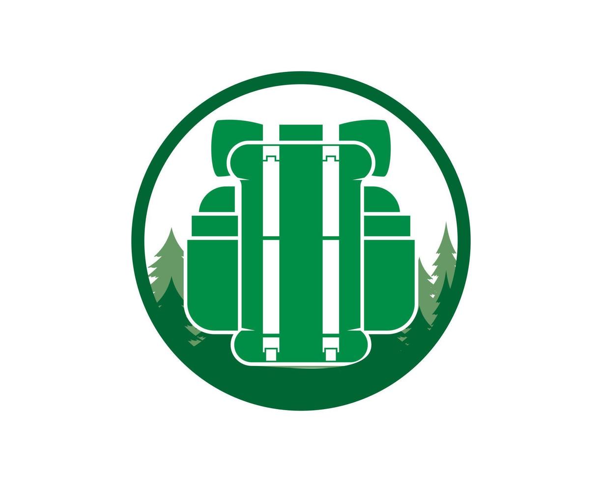 Hiking backpack in the forest logo vector