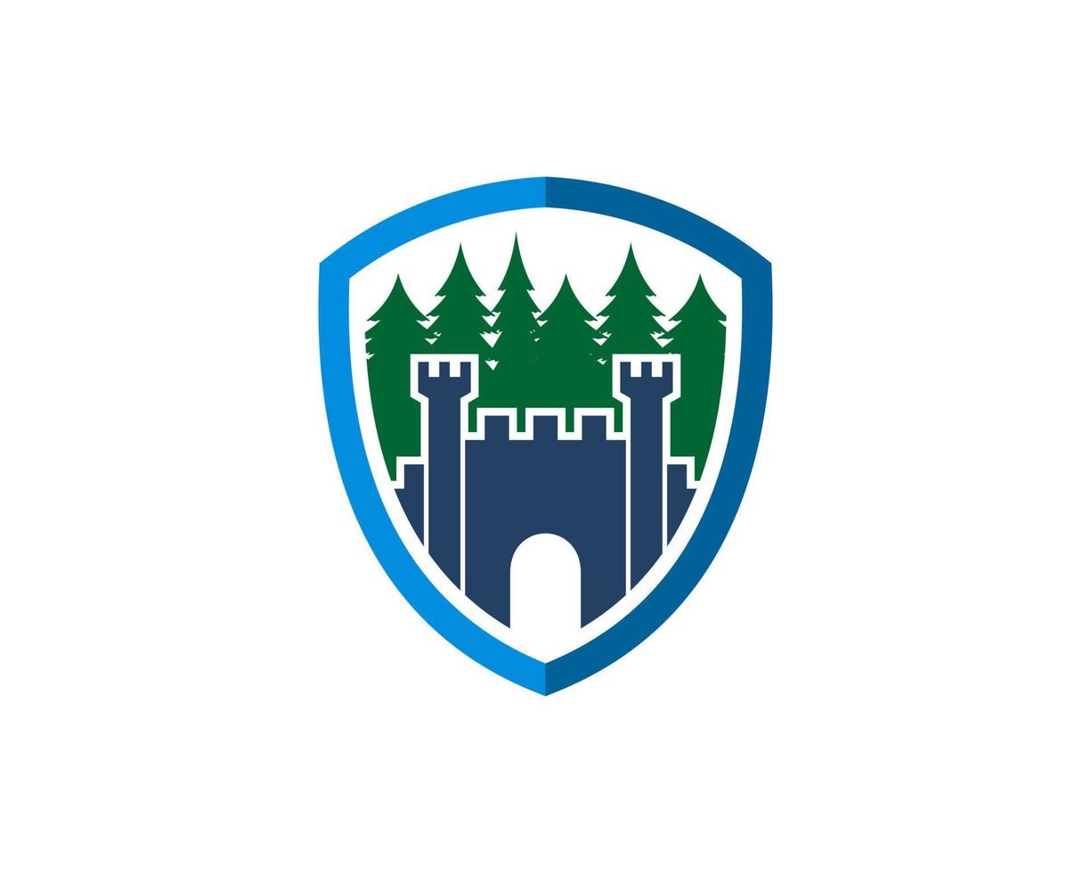 Protection shield with pine forest and fortress inside vector