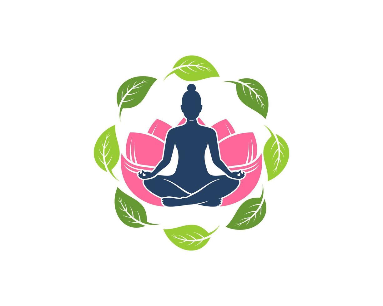 Women yoga with lotus flower and circular nature leaf vector