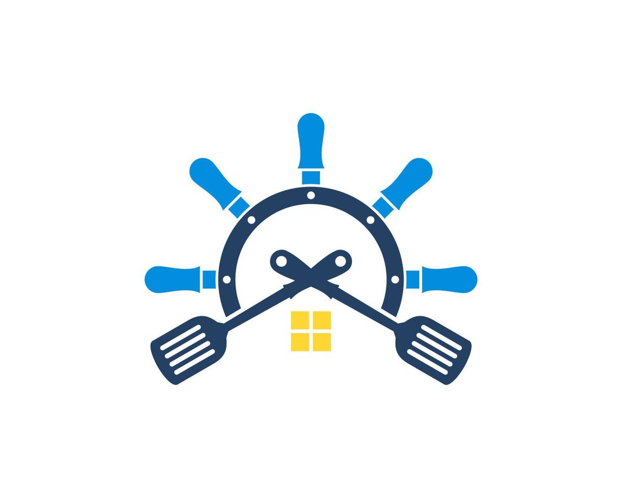 Ship steering wheel with cross spatula and house inside vector