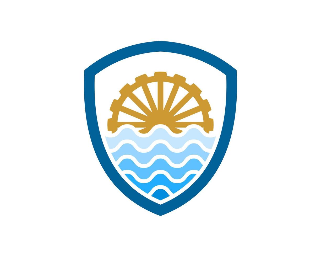 Shield with abstract wave and water mill inside vector