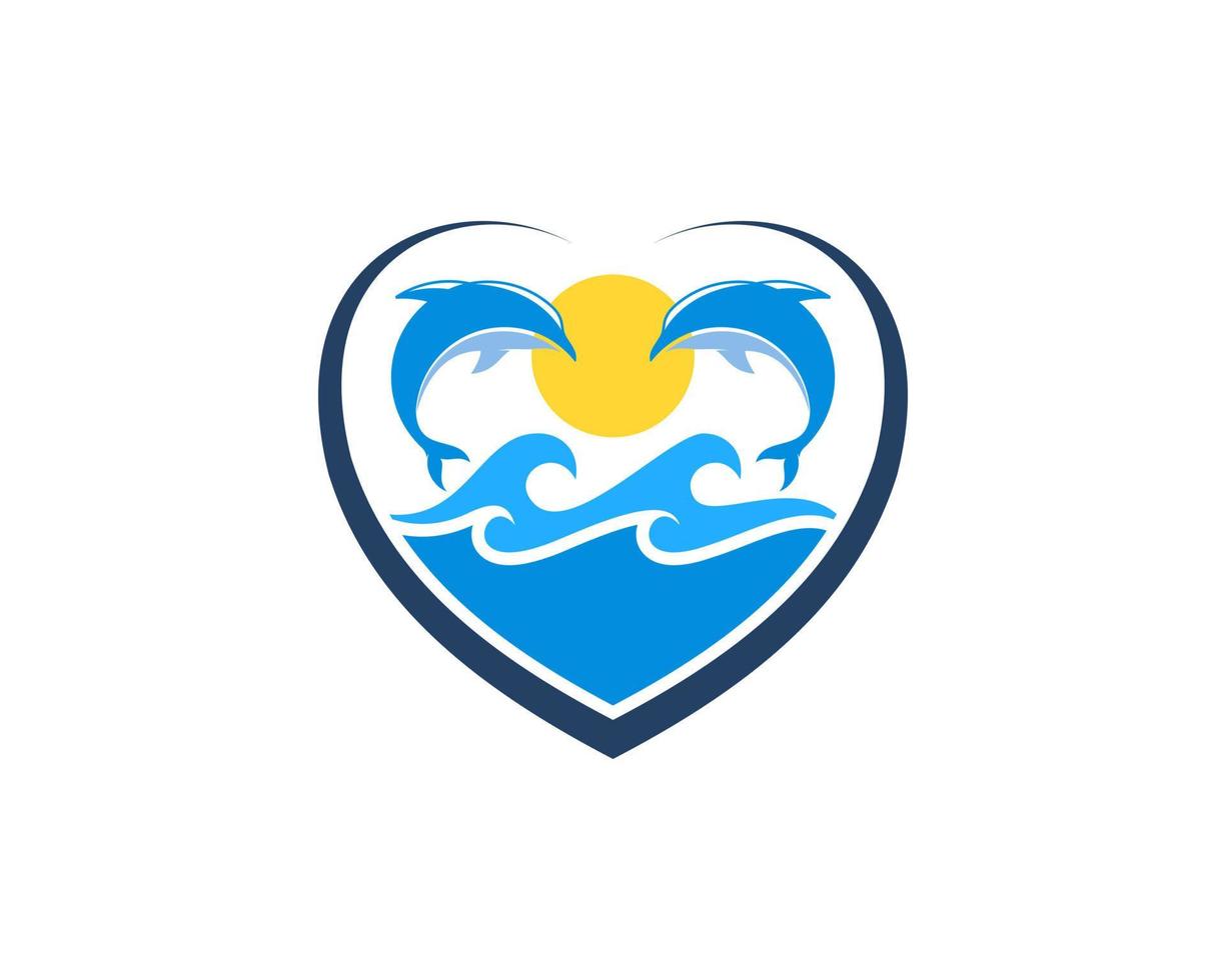 Abstract love shape with beach wave and jumping dolphin vector