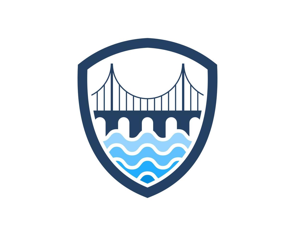 Escudo de protección con puente moderno y ola de agua. vector