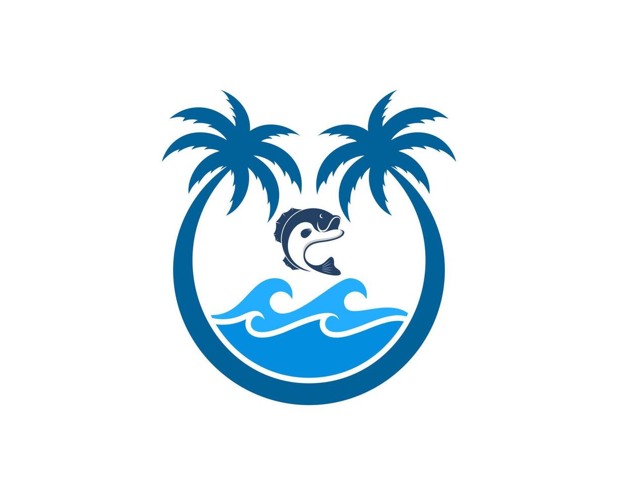 Circular palm tree with beach wave and jumping fish vector