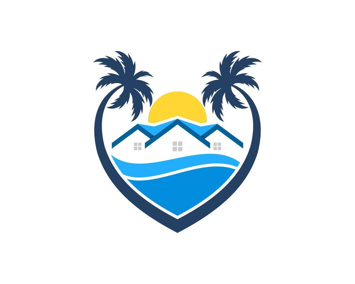 Love palm tree with house and beach wave vector