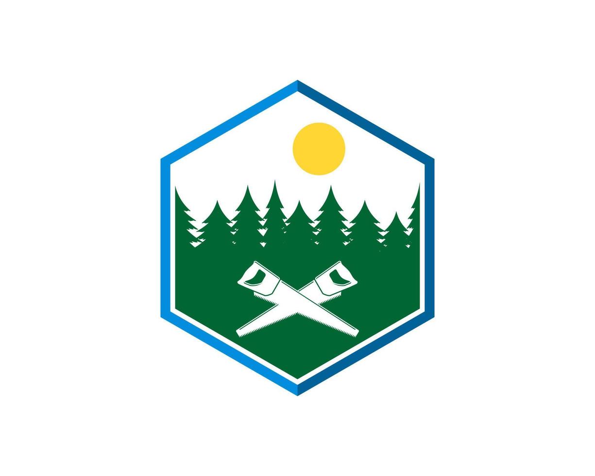 Hexagonal shape with pine forest and saw vector