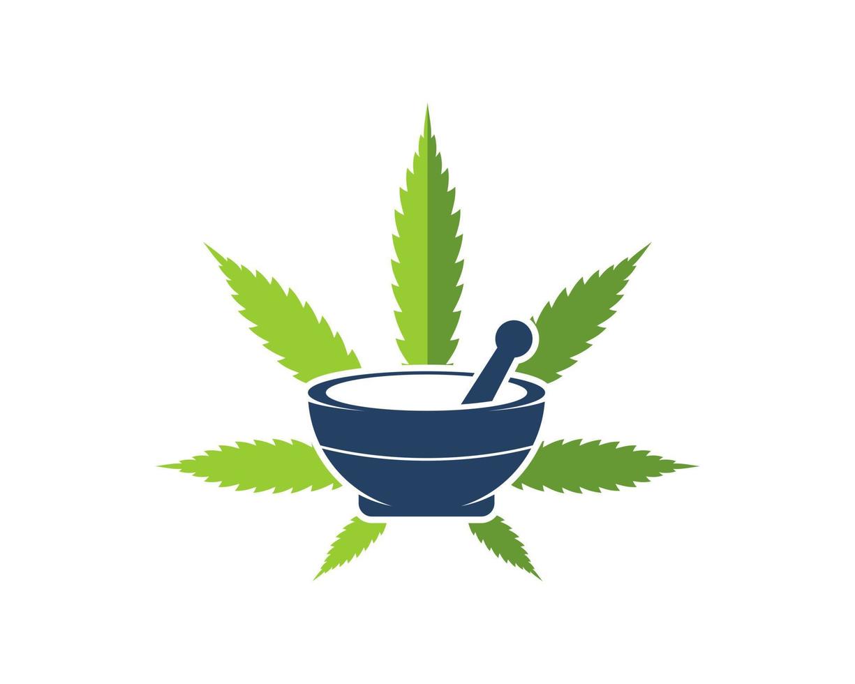 Green cannabis leaf with medical mortar and pestle vector