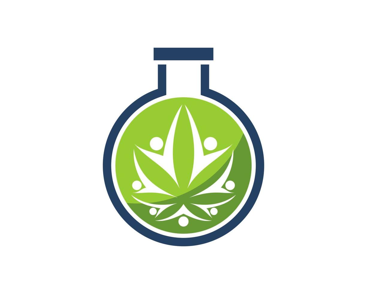 Simple bottle laboratory with cannabis leaf and abstract people inside vector