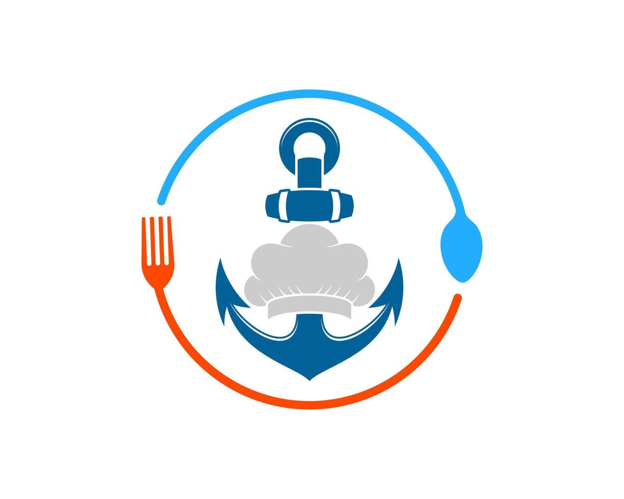 Circular spoon and fork with nautical anchor and chef hat vector