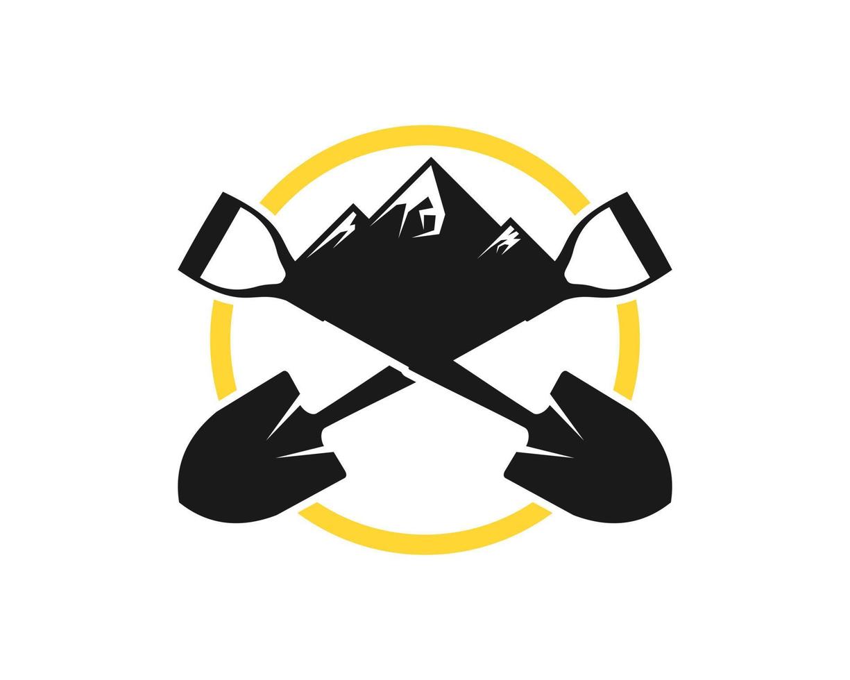 Circle shape with cross shovel and mountain on the top vector