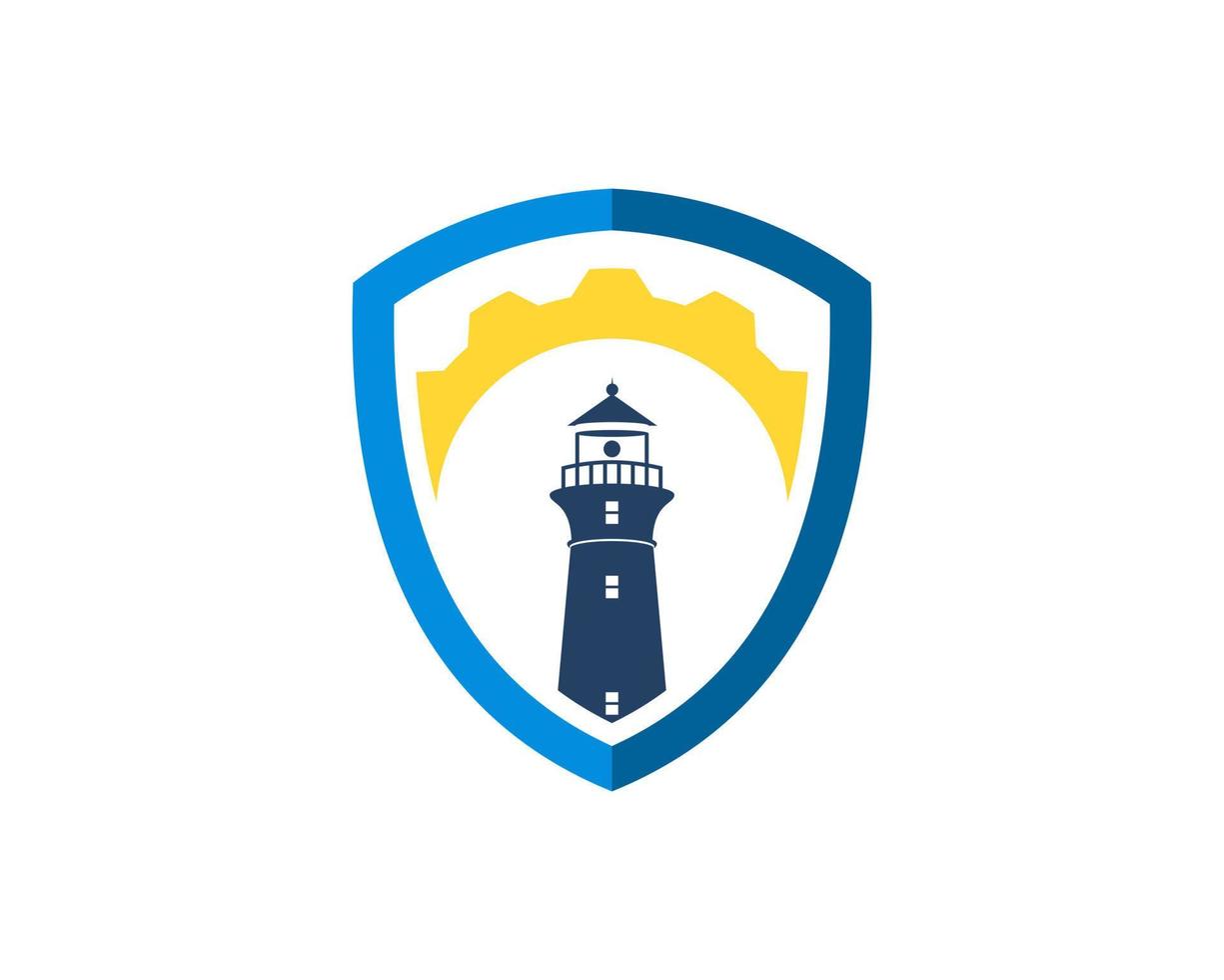 Protection shield with lighthouse and gear vector