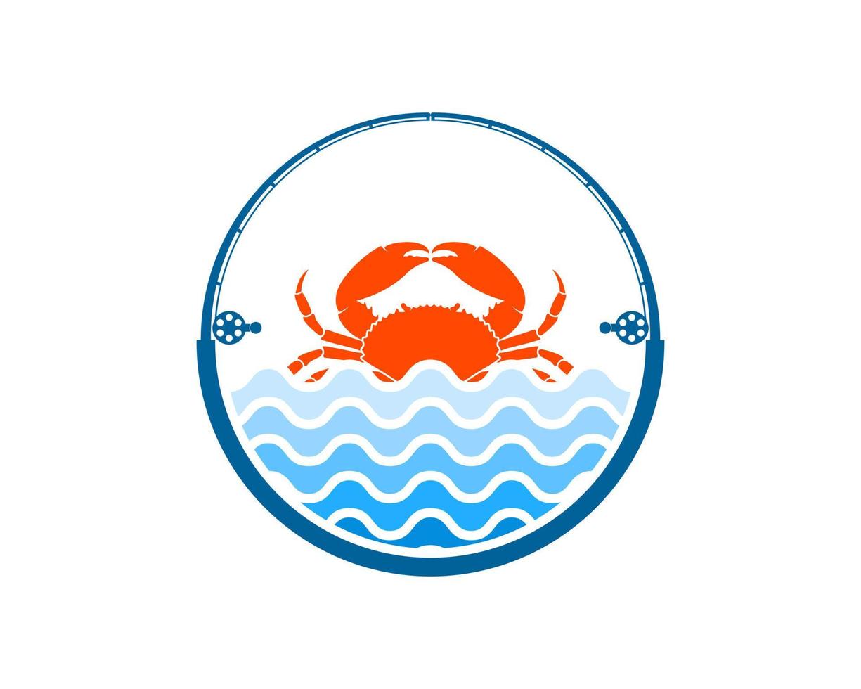Circular fishing rod with beach wave and red crab vector