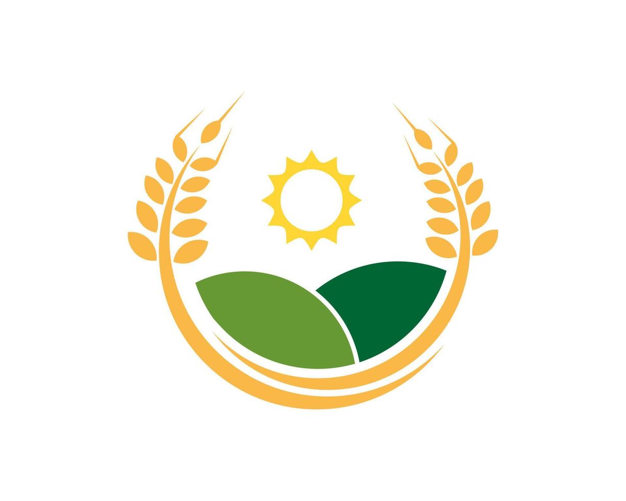 trigo dorado circular con campo de cultivo y sol vector