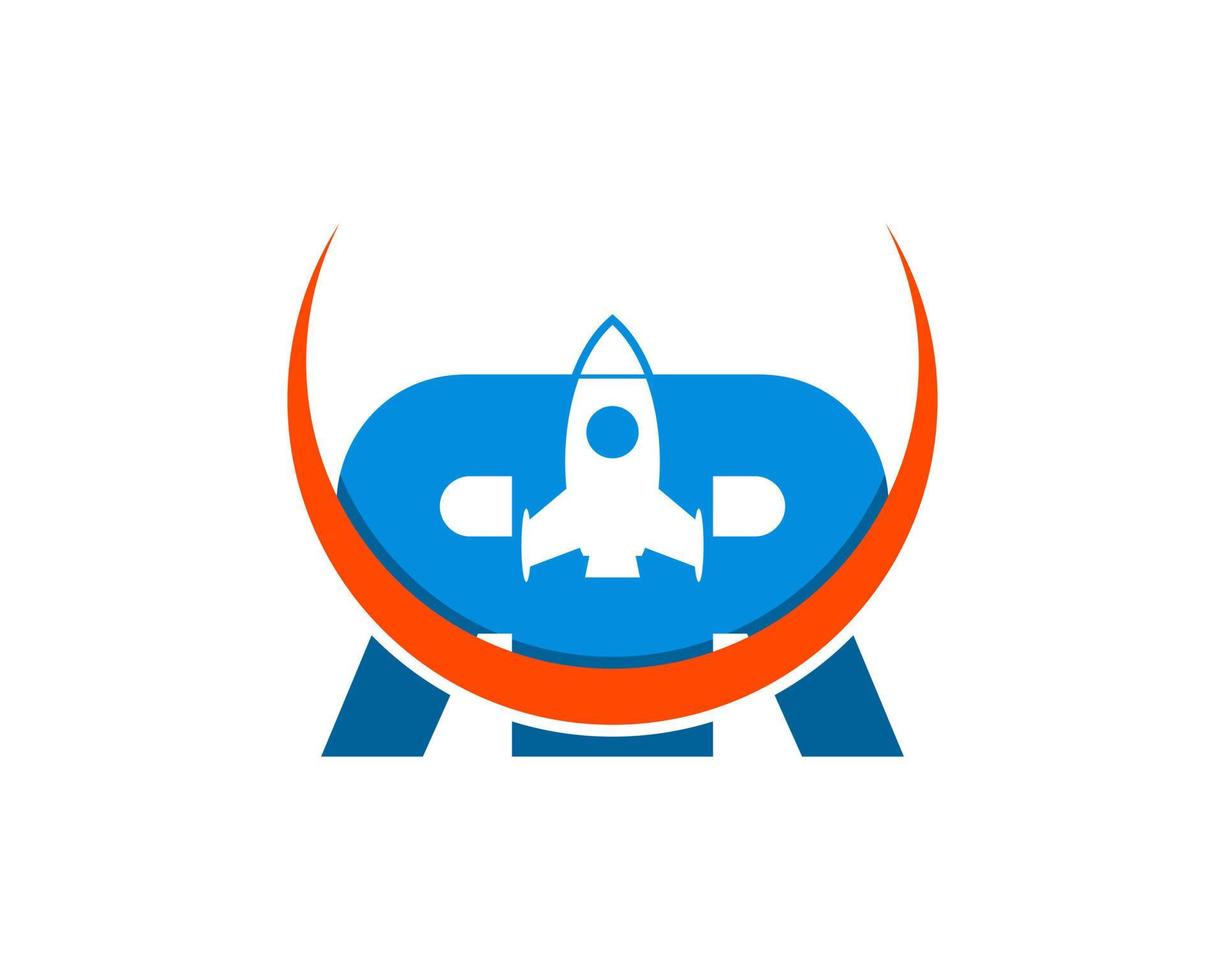 Rocket launch with R letter initial and orange swoosh vector