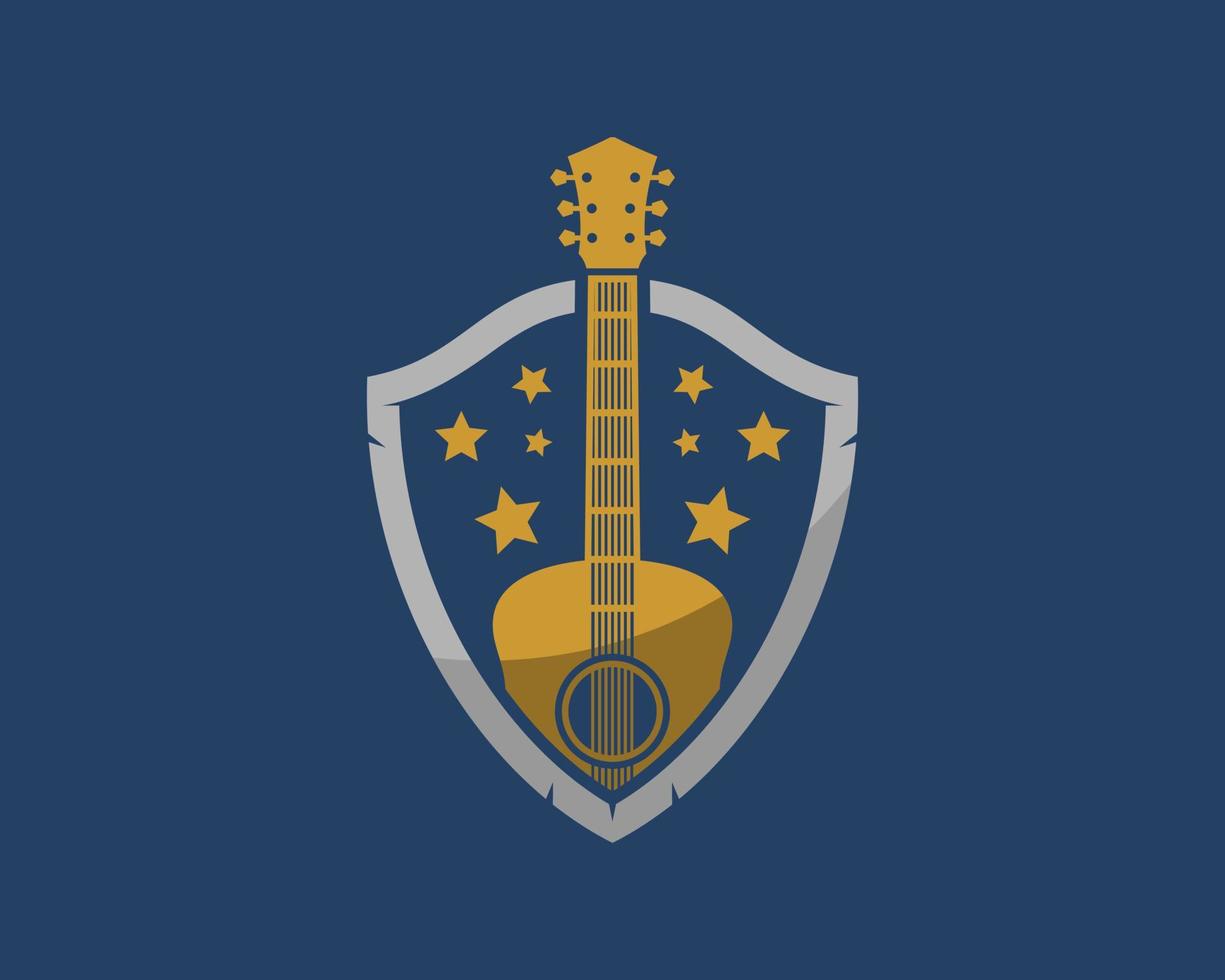 Escudo de protección con guitarra musical y estrella. vector