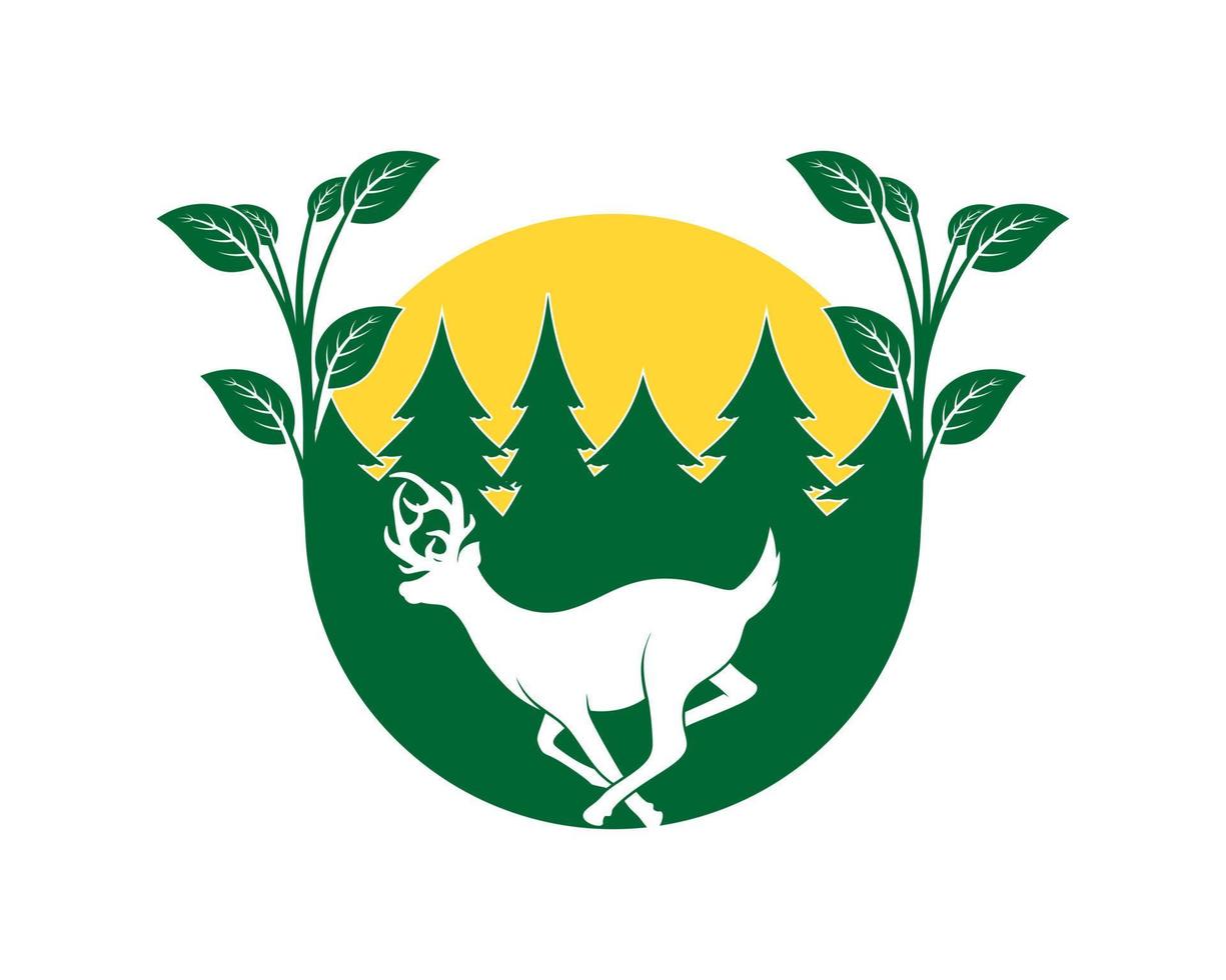 Running deer in the green forest logo vector