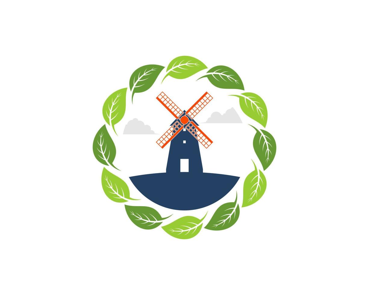 Circle nature leaf with windmill inside vector
