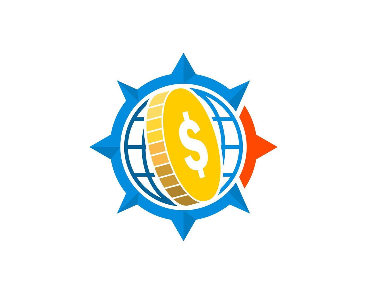brújula náutica con globo y moneda de dinero vector