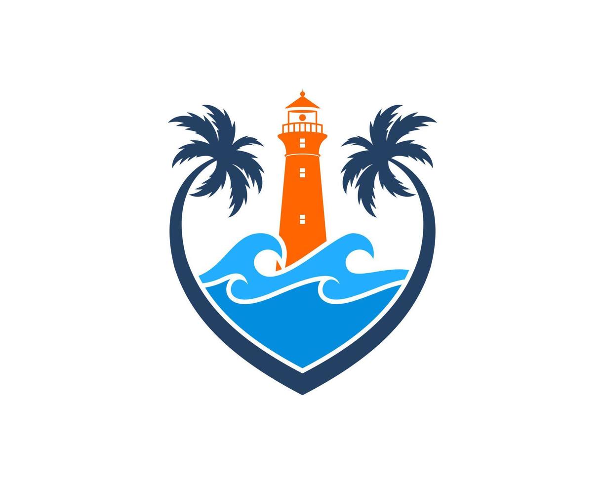 Love palm tree with beach wave and lighthouse vector