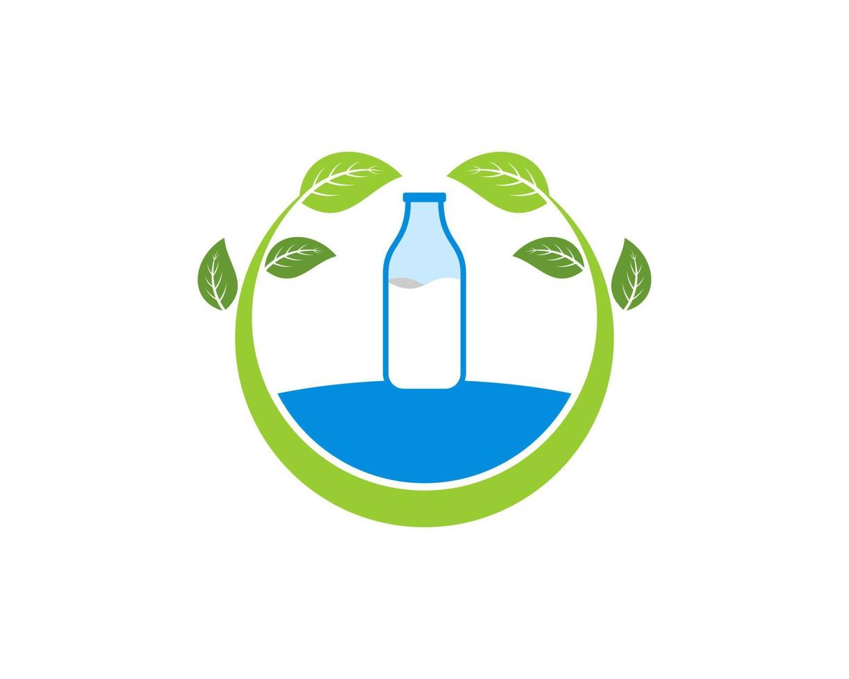 Circular nature leaf with milk bottle inside vector