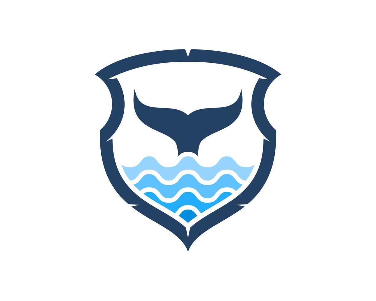 Abstract shield with water wave and whale tail inside vector