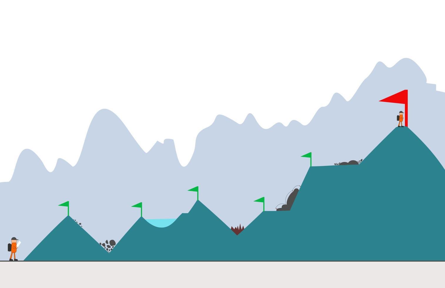 The journey to success, climbing hills across the river, passing through steep cliffs and goals to summit, illustration of career and life journey maps. Landingpage, backdrop, wallpaper, presentation vector