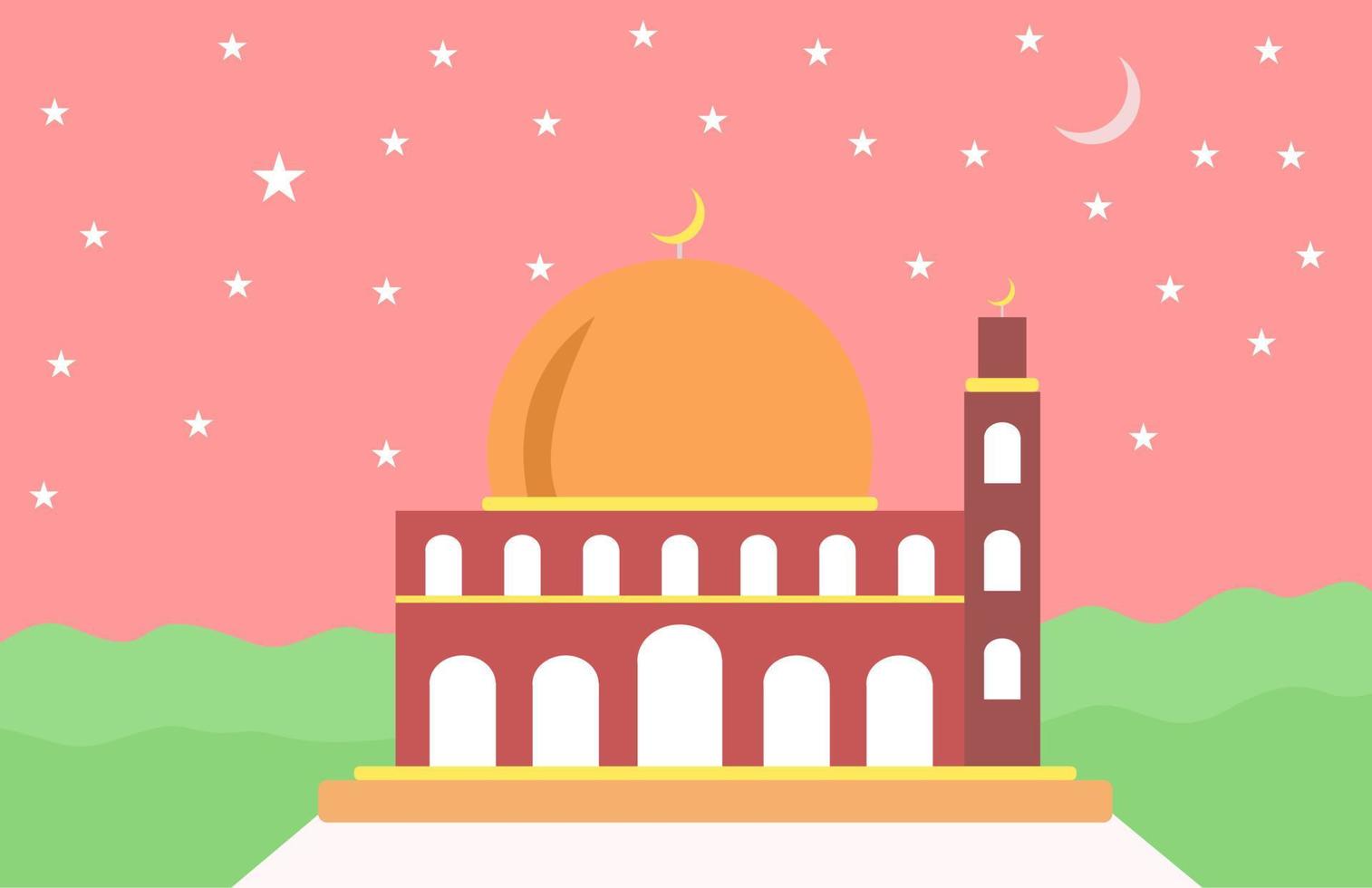 Mosque night image, with moon and stars. vector illustration on a pink background for ramadan theme