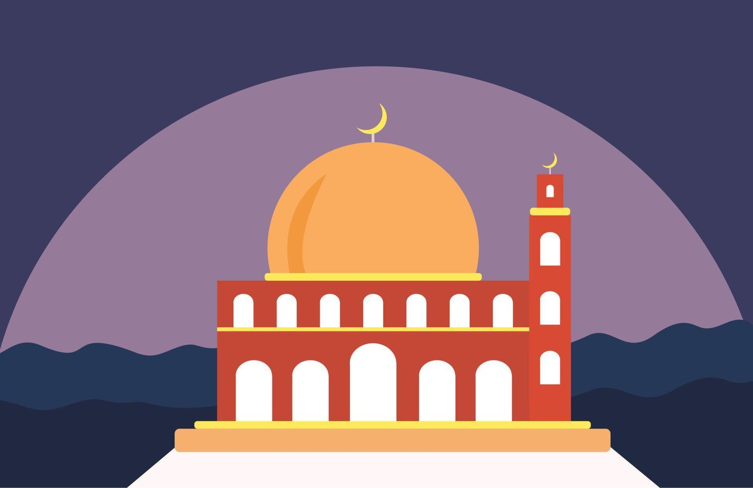 Mosque in dark sky blue, with big moon silhoutte. vector illustration perfect for ramadhan theme concept