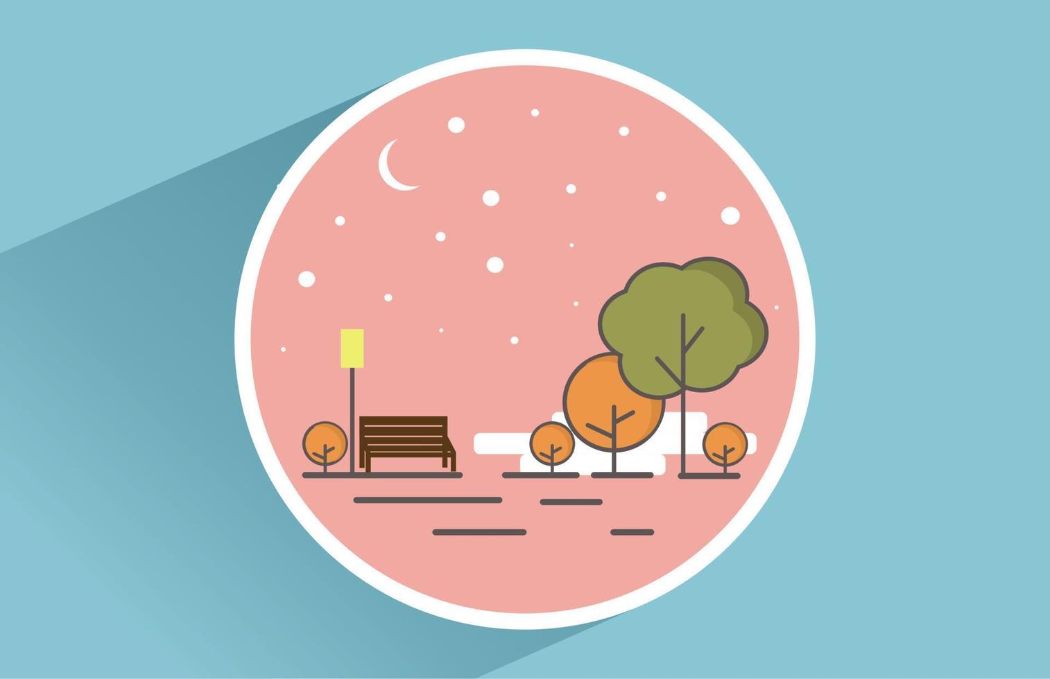 esperando a alguien especial en el parque, vista nocturna con arranques, arbol, cordero y luna. ilustración vectorial, perfecta para cotizaciones de fondo, telón de fondo y papel tapiz, marco de círculo vector