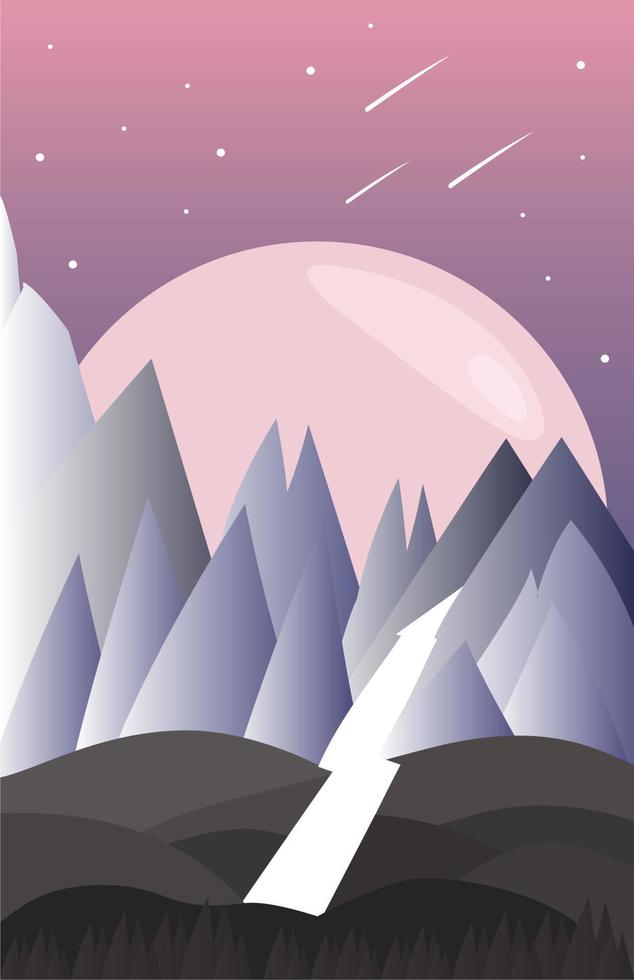 Ilustración de fondo de naturaleza con cordillera, luna, río y estrella fugaz. paisaje vectorial vector