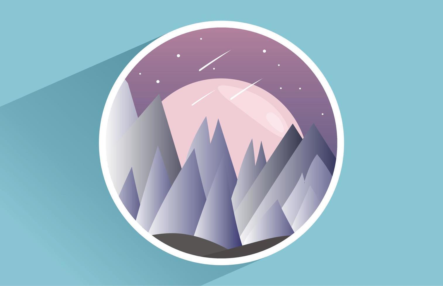 Mountan, moon and shooting star, night view on frame decoration. Nature background concept, vector illustration