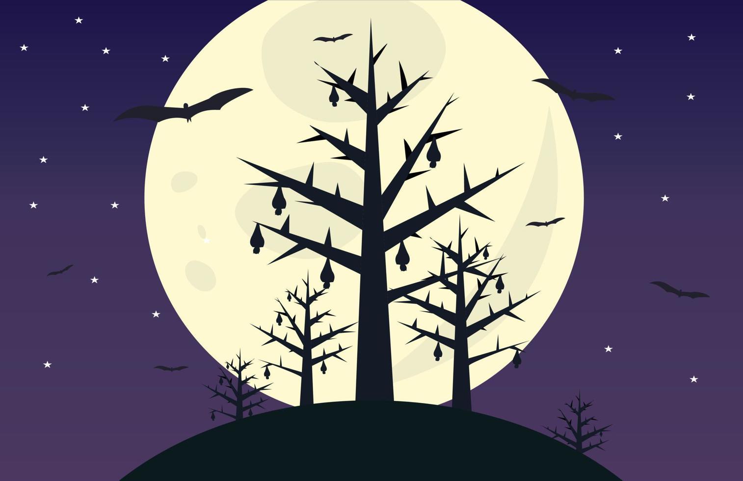 Vista de árbol vectorial del cielo por la noche con luna llena, ramas de árboles, estrellas y murciélagos, lo mejor para fondo y papel tapiz, diseño de ilustración vector