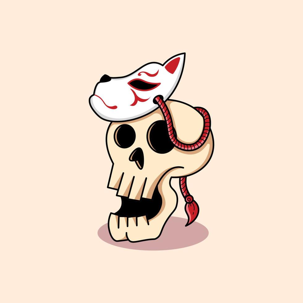 linda cabeza de calavera con ilustración de máscara kitsune japonesa vector