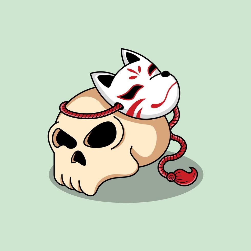Cute skull head with japanese kitsune mask illustration vector