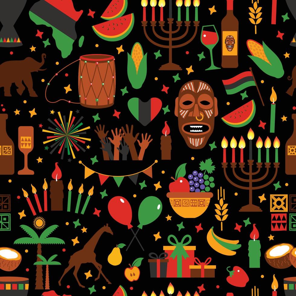 kwanzaa de patrones sin fisuras de África con colores y símbolos tradicionales. fondo exótico negro. vector